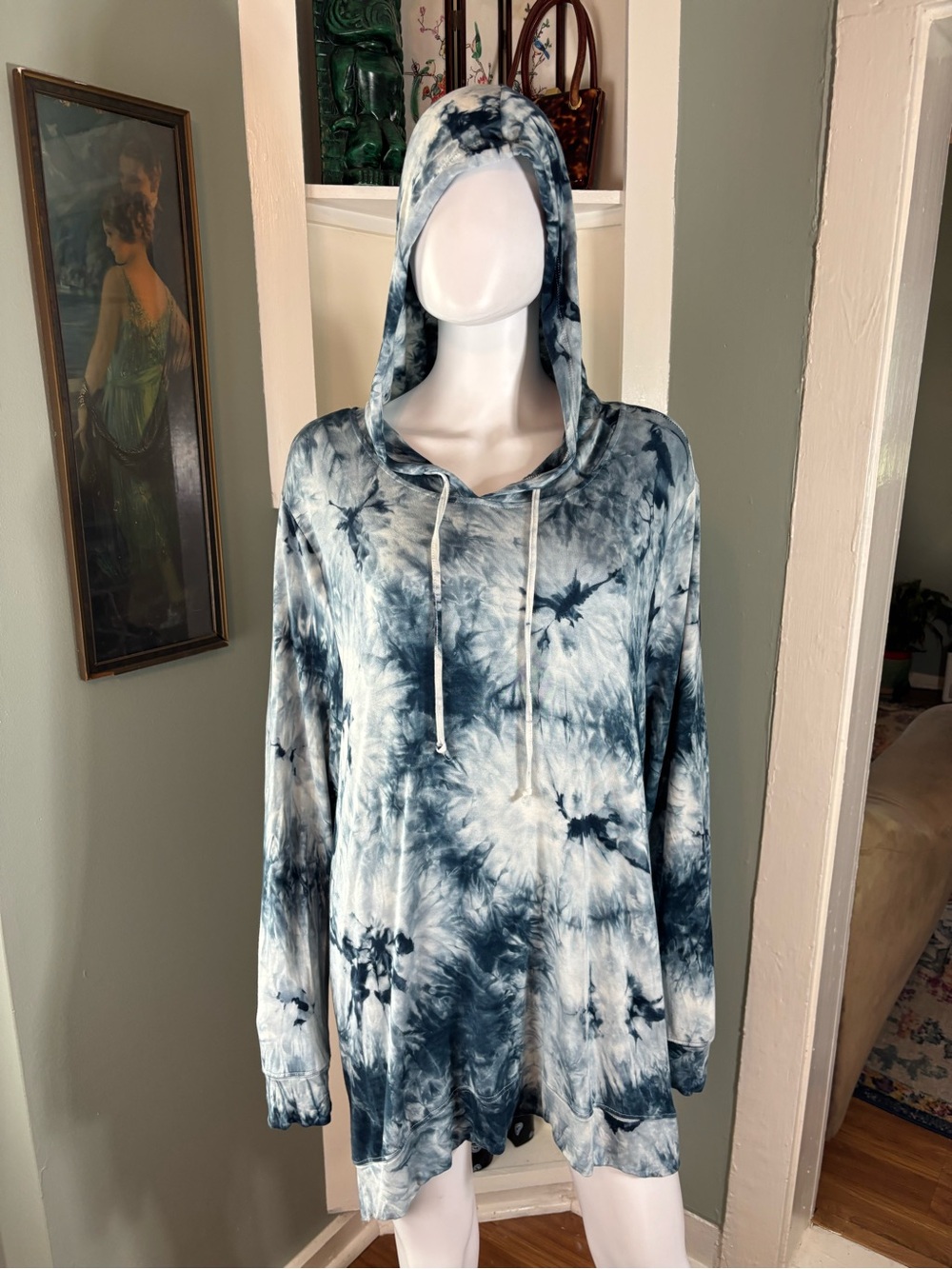 Livi Active Blue White Tie-Dye Hooded Pullover Lightweight Hoodie Sweatshirt